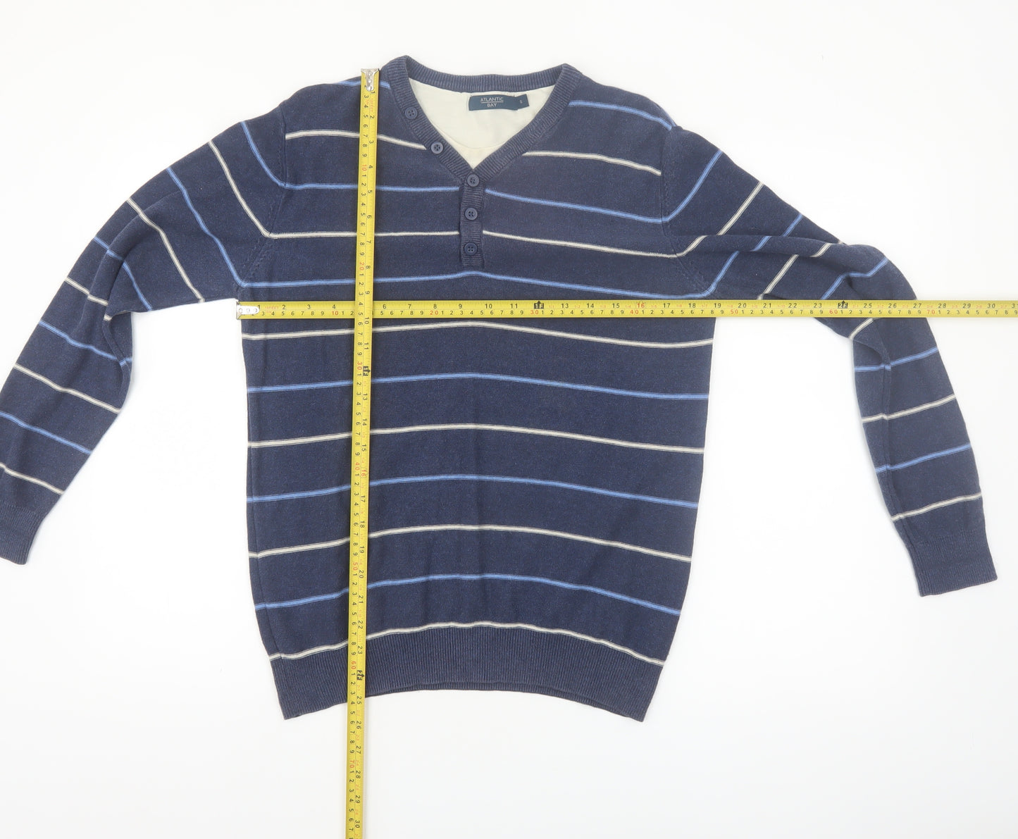 Atlantic Bay Men's Blue Striped Henley Jumper Size S Cotton Knit