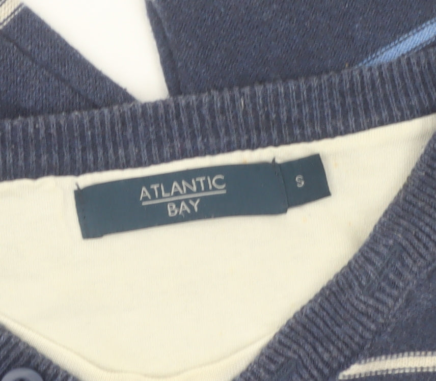 Atlantic Bay Men's Blue Striped Henley Jumper Size S Cotton Knit