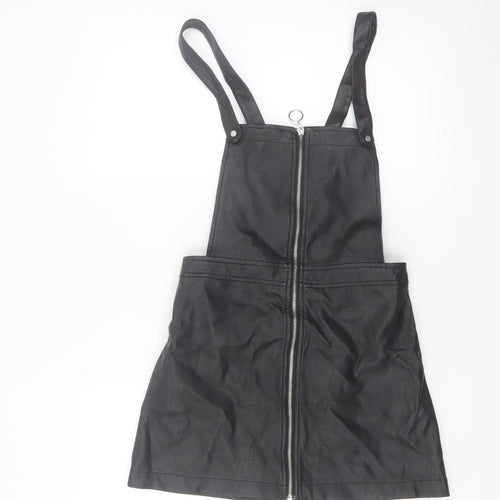 H&M Divided Women's Black PU Pinafore Dress Size 8 Petite Zip Front