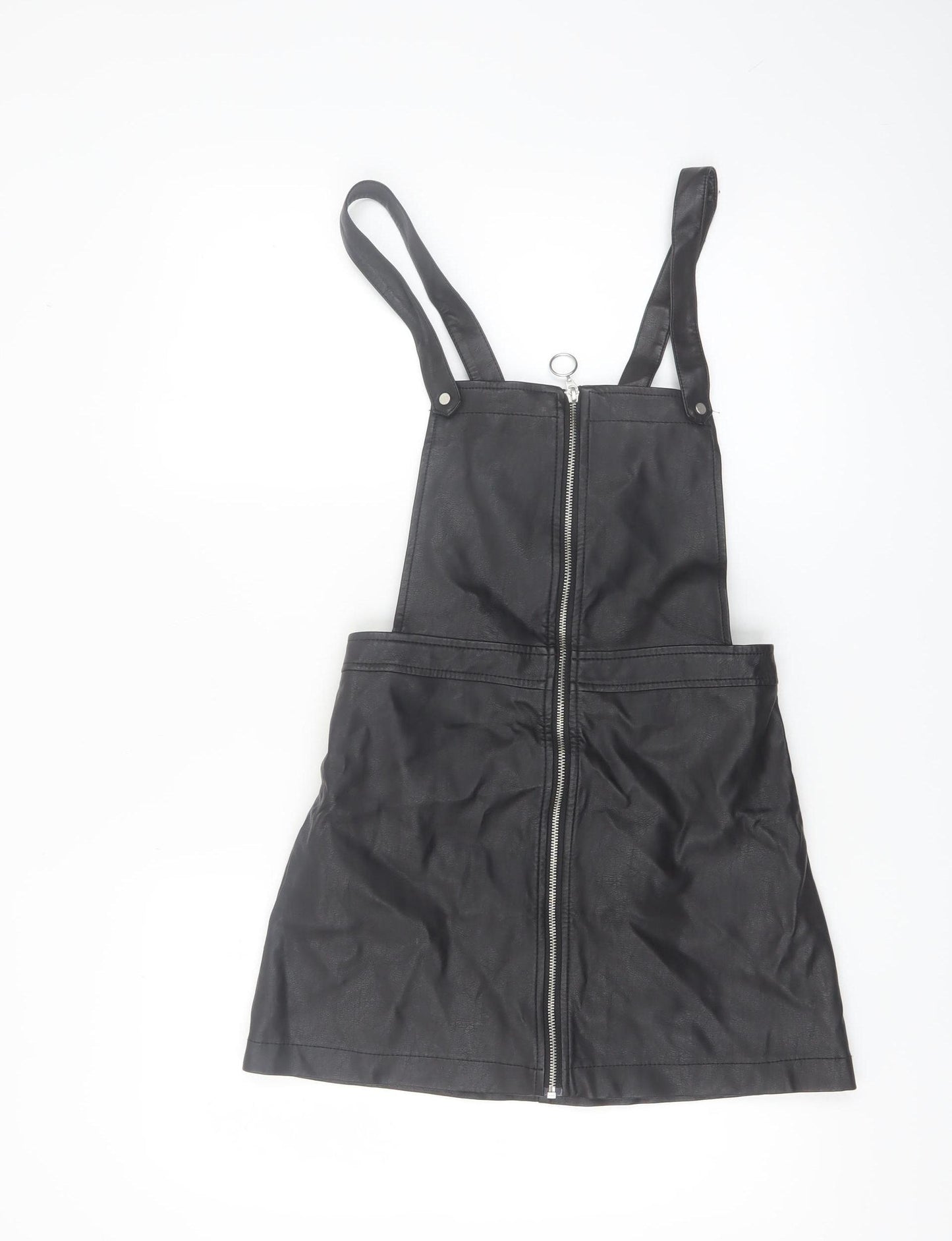 H&M Divided Women's Black PU Pinafore Dress Size 8 Petite Zip Front