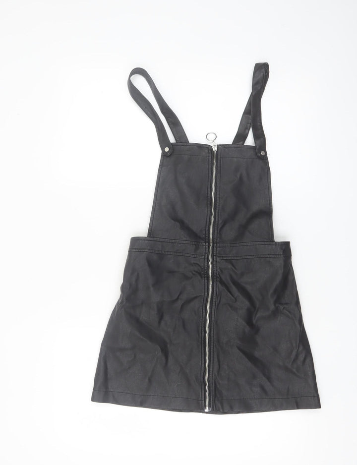 H&M Divided Women's Black PU Pinafore Dress Size 8 Petite Zip Front