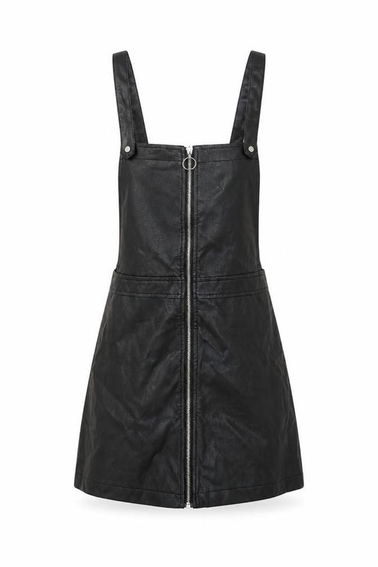 Front view of H&M Divided Women's Black PU Pinafore Dress, size 8, Petite Zip Front