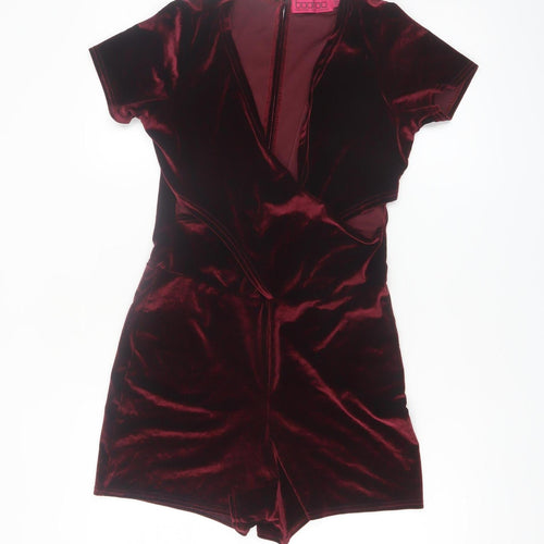 Boohoo Womens Red Velvet Short Sleeve V-Neck Playsuit Size 8