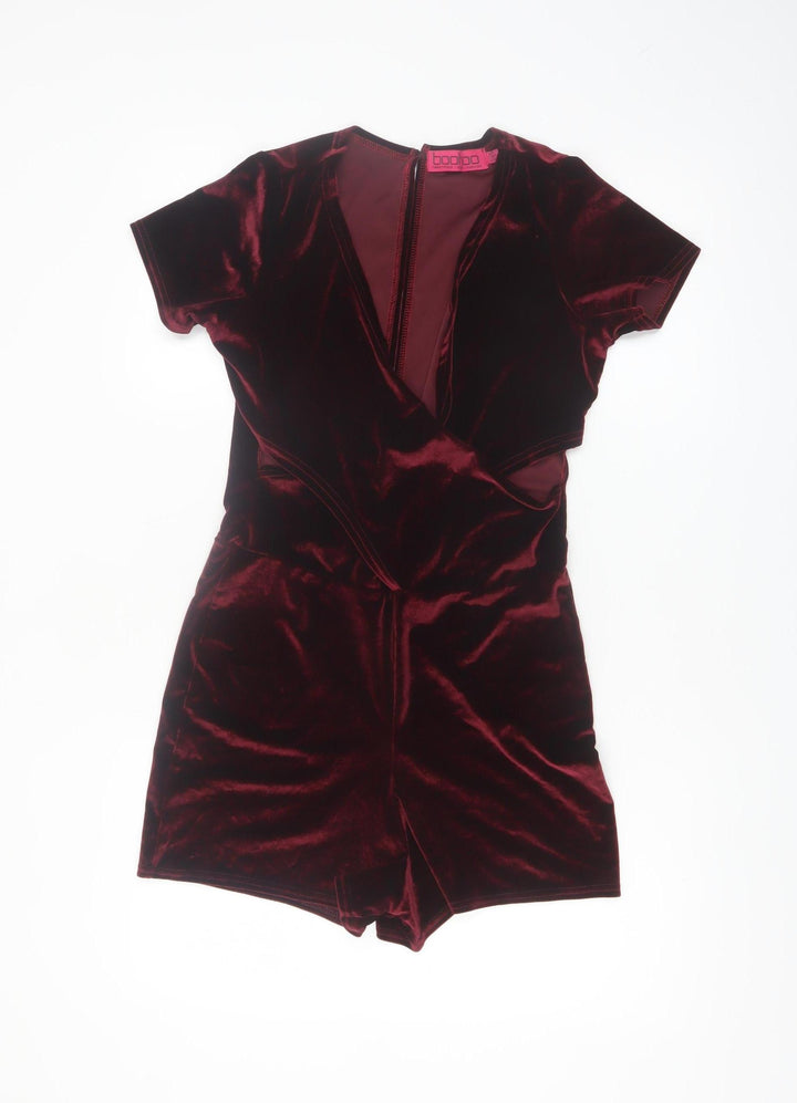 Boohoo Womens Red Velvet Short Sleeve V-Neck Playsuit Size 8