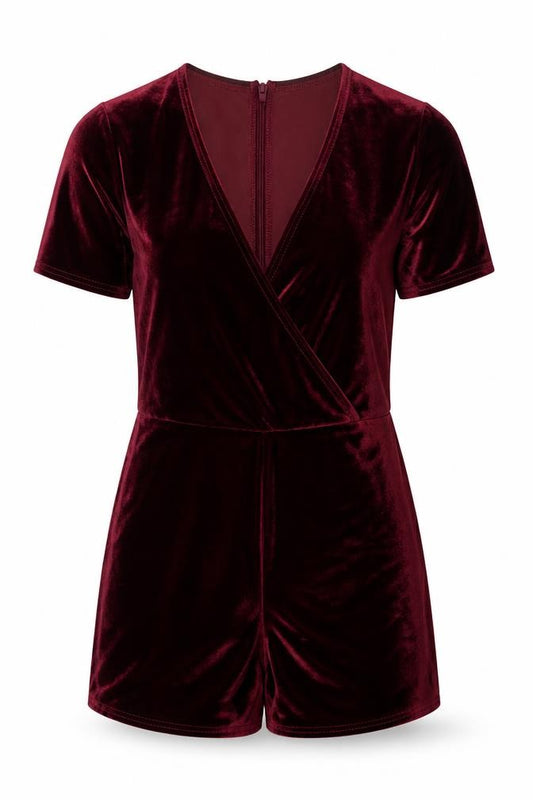 Boohoo Womens Red Velvet Short Sleeve V-Neck Playsuit Size 8