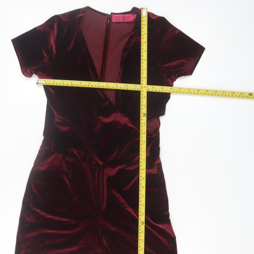 Boohoo Womens Red Velvet Short Sleeve V-Neck Playsuit Size 8