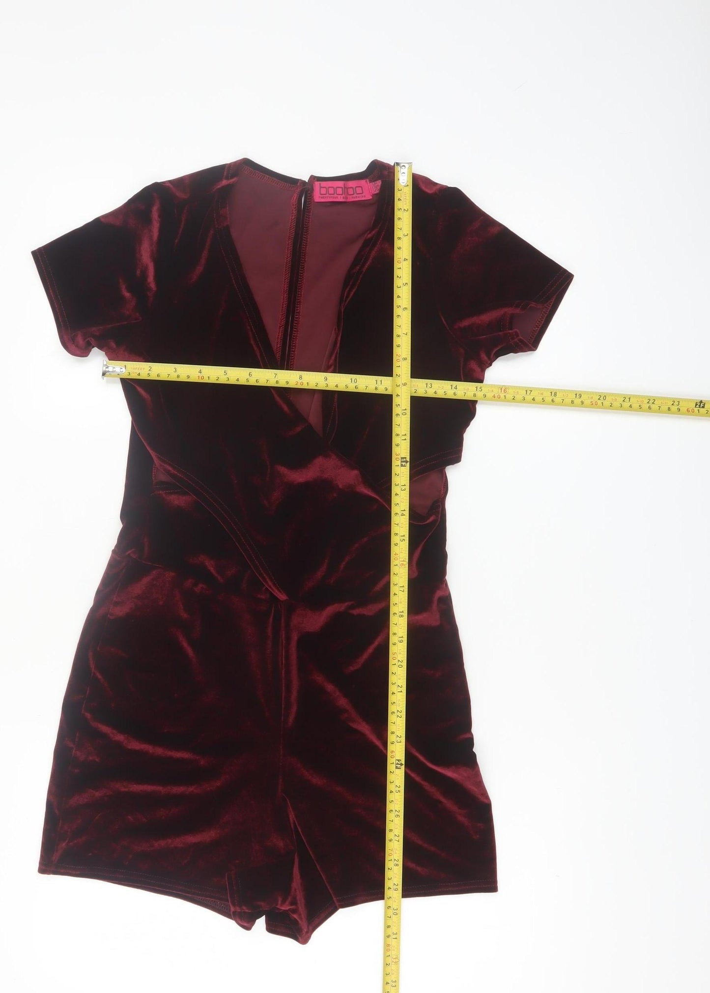 Boohoo Womens Red Velvet Short Sleeve V-Neck Playsuit Size 8