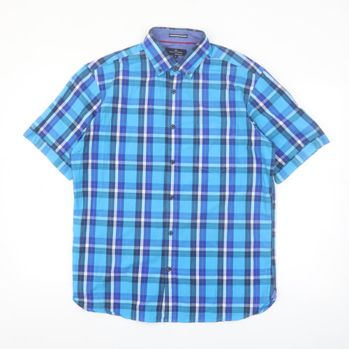 Marks and Spencer Blue Harbour Men's Blue Check Short Sleeve Cotton Shirt M