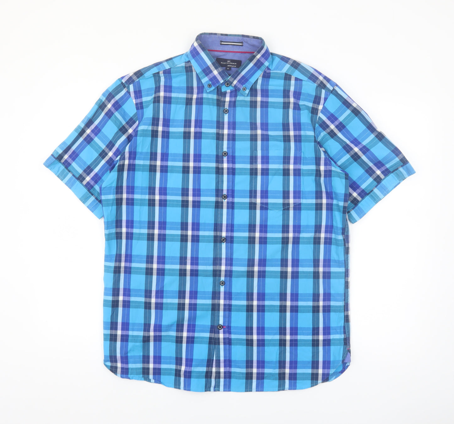 Marks and Spencer Blue Harbour Men's Blue Check Short Sleeve Cotton Shirt M