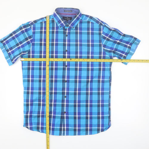 Marks and Spencer Blue Harbour Men's Blue Check Short Sleeve Cotton Shirt M