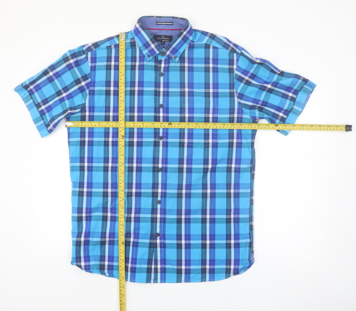 Marks and Spencer Blue Harbour Men's Blue Check Short Sleeve Cotton Shirt M
