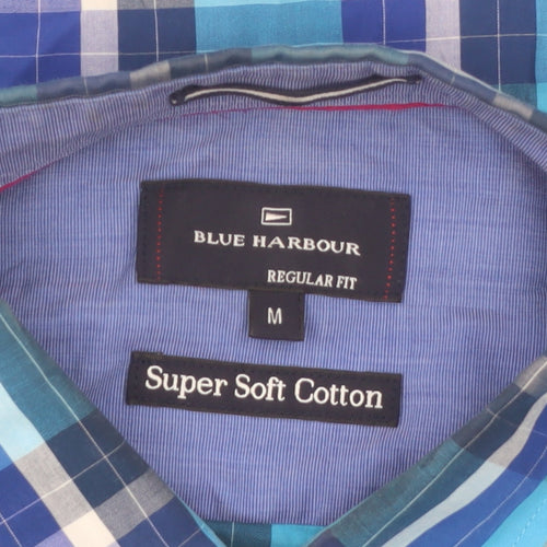 Marks and Spencer Blue Harbour Men's Blue Check Short Sleeve Cotton Shirt M