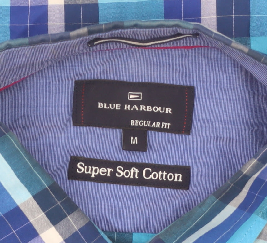 Marks and Spencer Blue Harbour Men's Blue Check Short Sleeve Cotton Shirt M