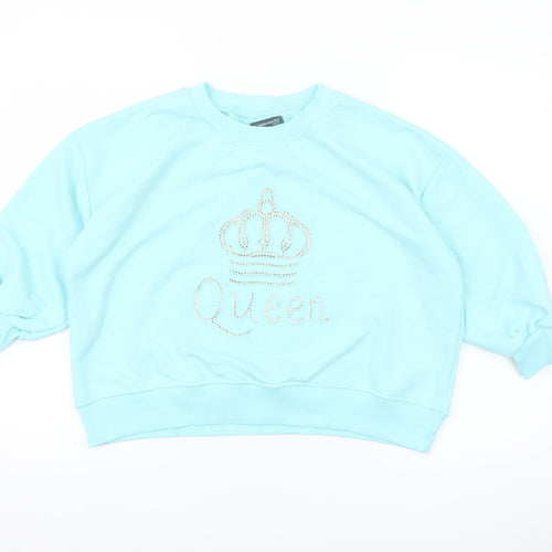Fashion House Women Blue Crew Neck Pullover Sweatshirt Rhinestone Queen Design Size M