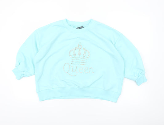 Fashion House Women Blue Crew Neck Pullover Sweatshirt Rhinestone Queen Design Size M