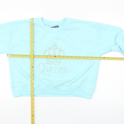 Fashion House Women Blue Crew Neck Pullover Sweatshirt Rhinestone Queen Design Size M
