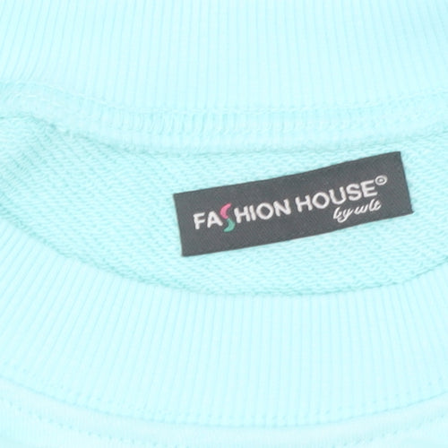 Fashion House Women Blue Crew Neck Pullover Sweatshirt Rhinestone Queen Design Size M