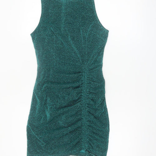 Saint Genies Women’s Green Glitter Ruched Bodycon Sleeveless Dress UK 6