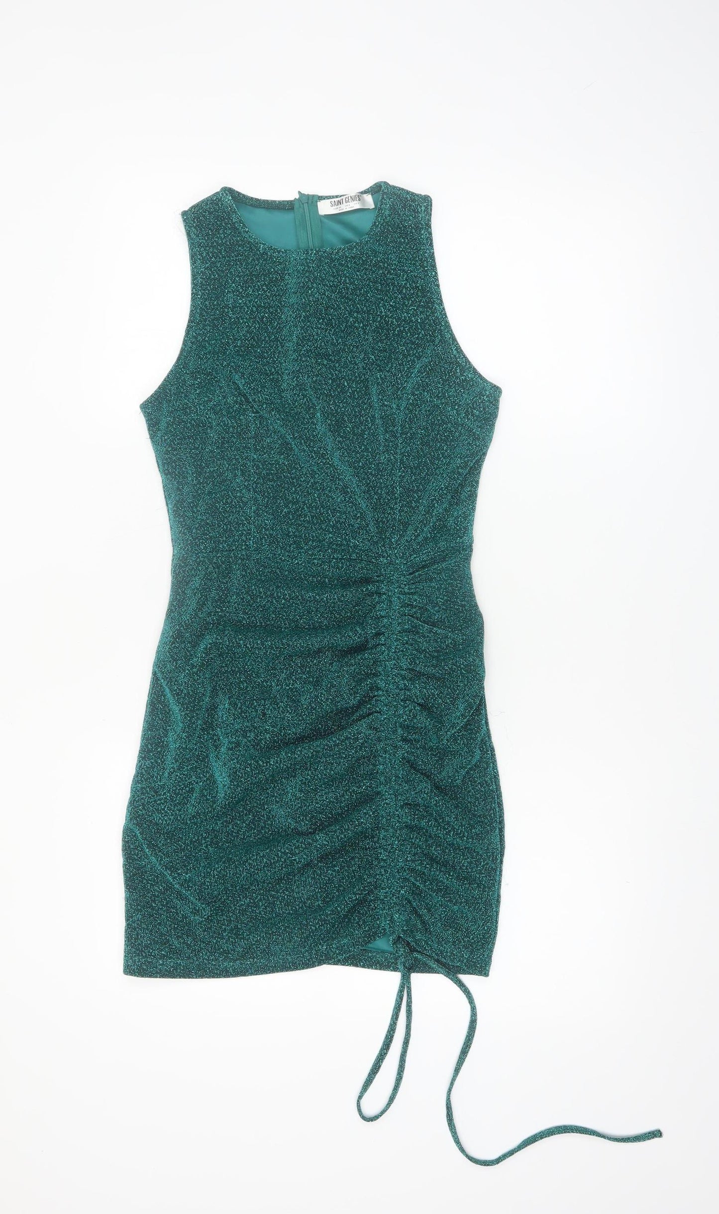 Saint Genies Women’s Green Glitter Ruched Bodycon Sleeveless Dress UK 6