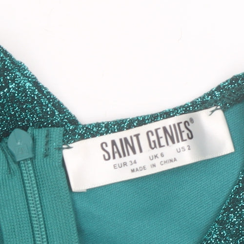 Saint Genies Women’s Green Glitter Ruched Bodycon Sleeveless Dress UK 6