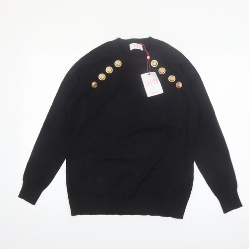 Savida Women's Black Button Detail Crew Neck Jumper Size 14