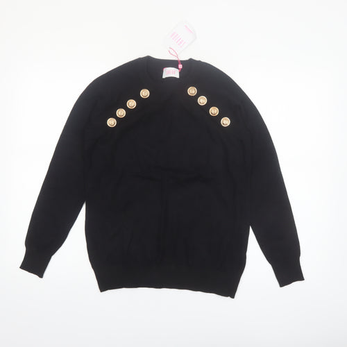 Savida Women Black Button Shoulder Crew Neck Pullover Jumper Size 14