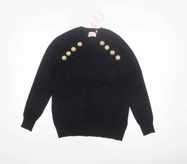 Savida Women Black Button Shoulder Crew Neck Pullover Jumper Size 14