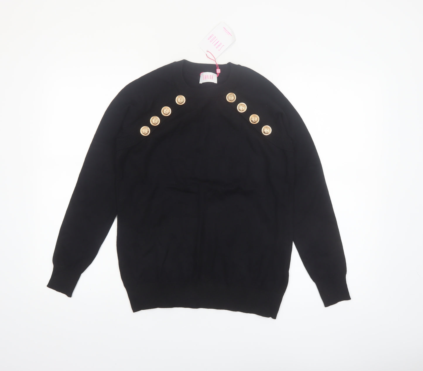 Savida Women Black Button Shoulder Crew Neck Pullover Jumper Size 14