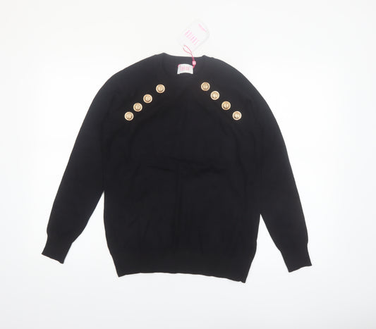 Savida Women Black Button Shoulder Crew Neck Pullover Jumper Size 14
