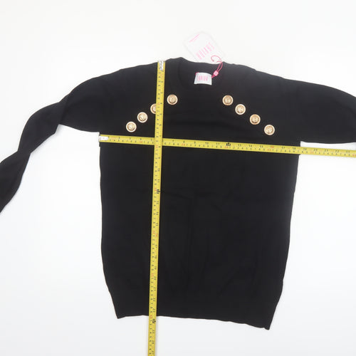 Savida Women Black Button Shoulder Crew Neck Pullover Jumper Size 14