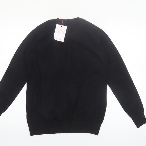 Savida Women Black Button Shoulder Crew Neck Pullover Jumper Size 14