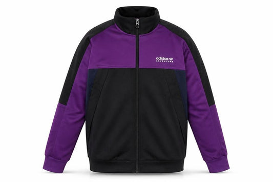 Front view of Adidas boys’ black purple 12-13y track jacket zip up adventure logo