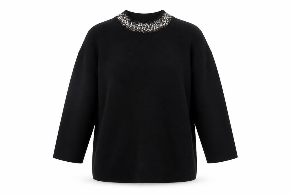 Front view of Paraphrase women’s black beaded high neck 3/4 sleeve jumper, size UK 10