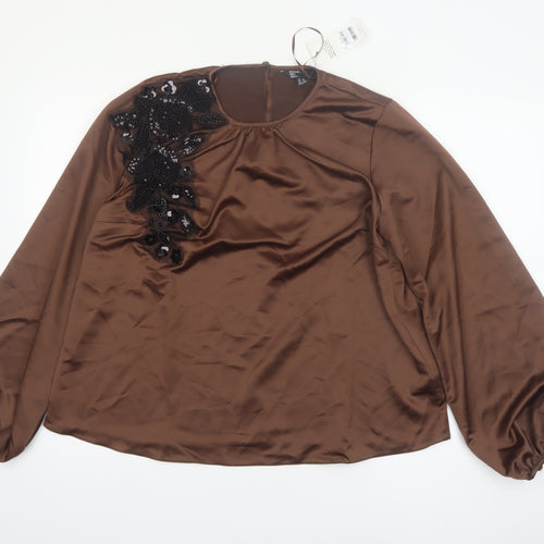 Friends Like These Women Brown Beaded Satin Long Sleeve Blouse UK 14