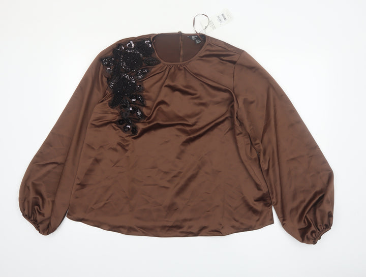 Friends Like These Women Brown Beaded Satin Long Sleeve Blouse UK 14