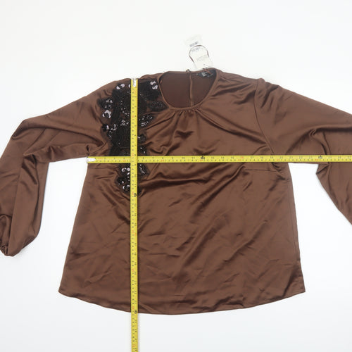 Friends Like These Women Brown Beaded Satin Long Sleeve Blouse UK 14