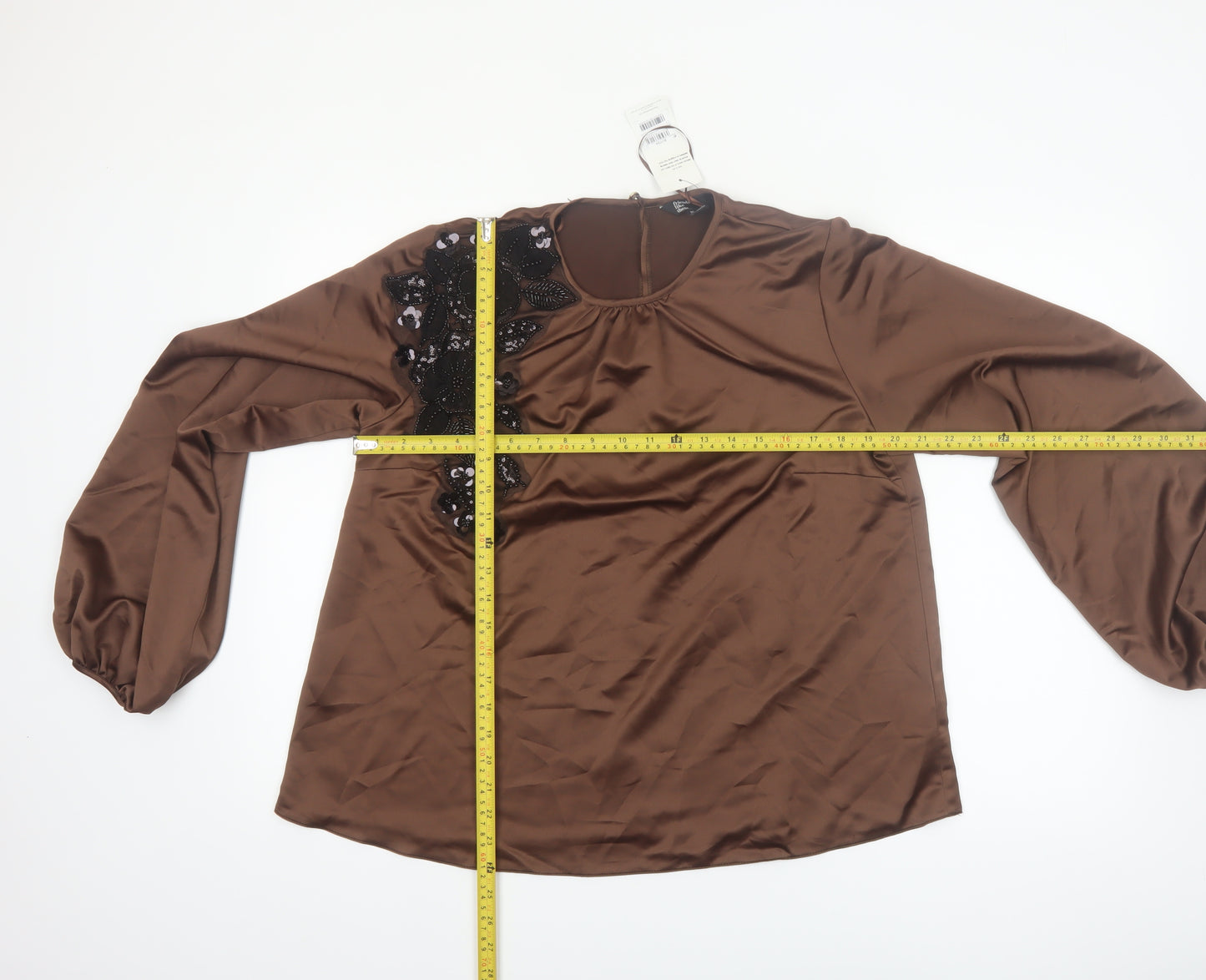 Friends Like These Women Brown Beaded Satin Long Sleeve Blouse UK 14