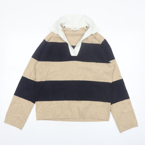 Marks and Spencer Women’s Beige Navy Striped Collared Pullover Jumper S