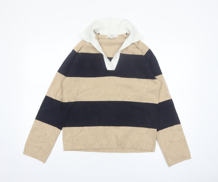 Marks and Spencer Women’s Beige Navy Striped Collared Pullover Jumper S