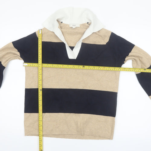 Marks and Spencer Women’s Beige Navy Striped Collared Pullover Jumper S