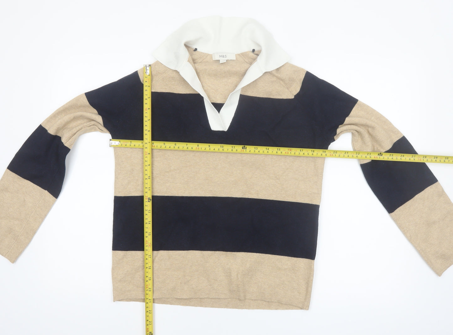 Marks and Spencer Women’s Beige Navy Striped Collared Pullover Jumper S
