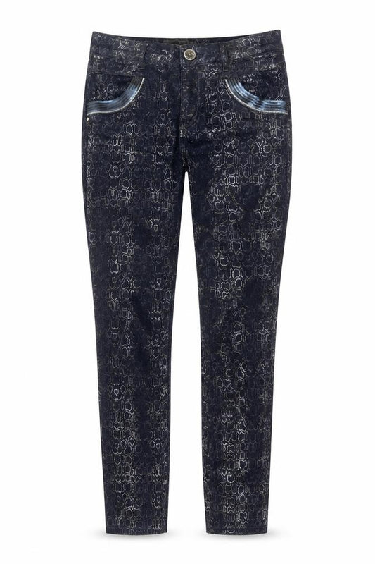 Front view of Mos Mosh women’s blue snake print naomi cobra jeans, size UK 26, cotton blend