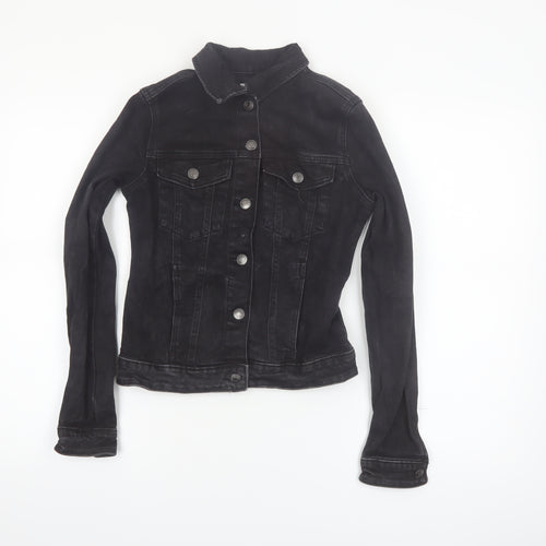Bershka Women Black Denim Basic Jacket XS Collared Button Casual