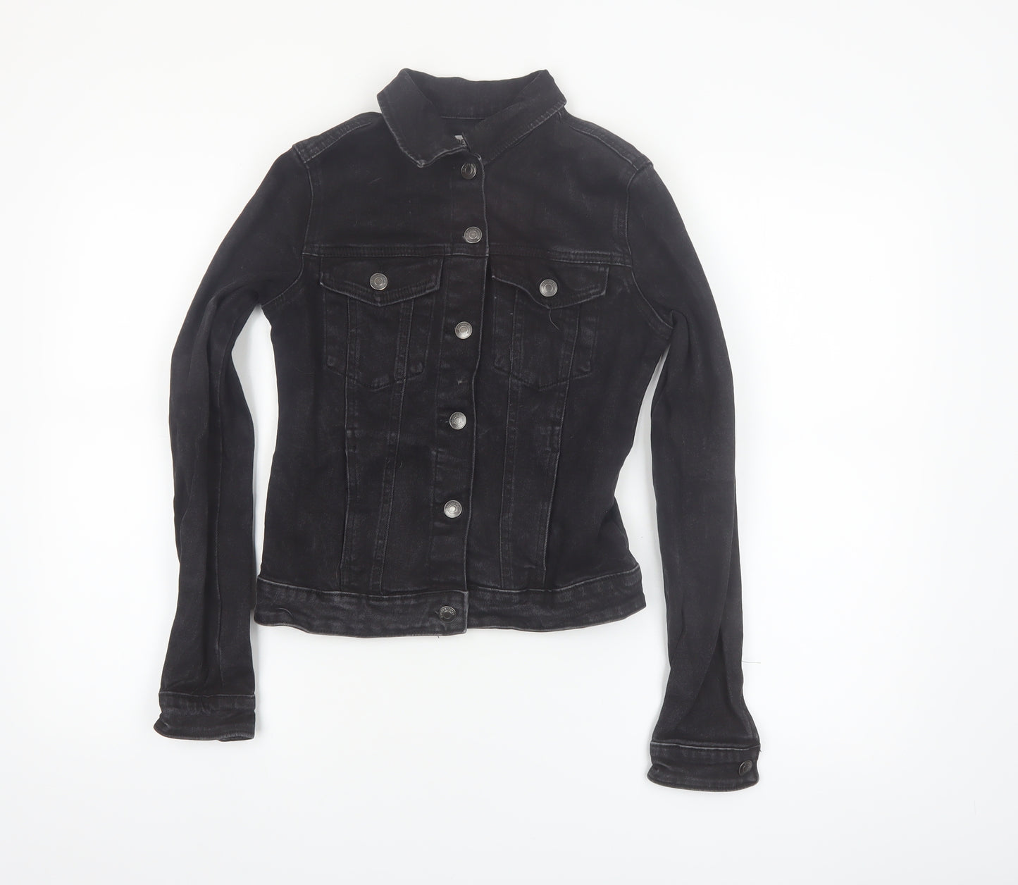 Bershka Women Black Denim Basic Jacket XS Collared Button Casual