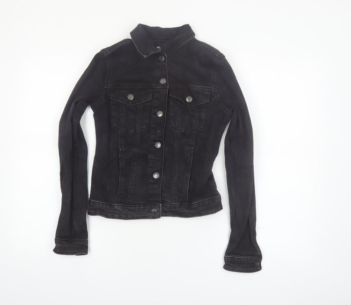 Bershka Women Black Denim Basic Jacket XS Collared Button Casual