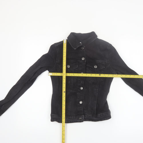 Bershka Women Black Denim Basic Jacket XS Collared Button Casual