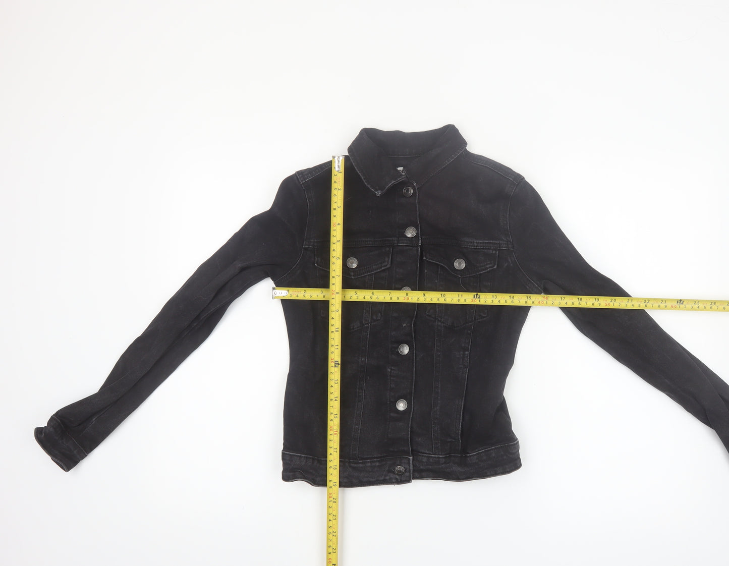 Bershka Women Black Denim Basic Jacket XS Collared Button Casual