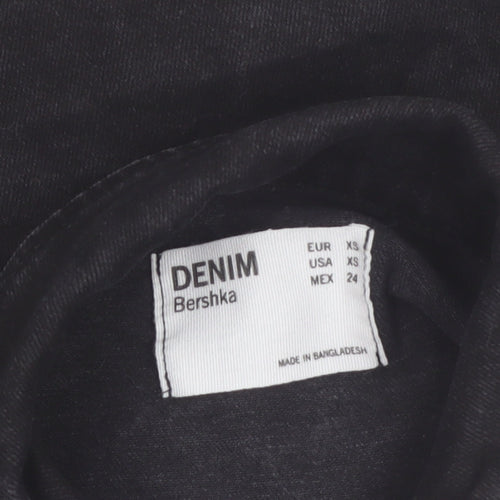 Bershka Women Black Denim Basic Jacket XS Collared Button Casual
