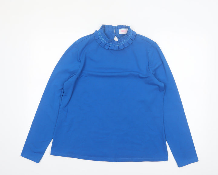 Savida Women Blue High Neck Long Sleeve Ruffle Blouse Size 14