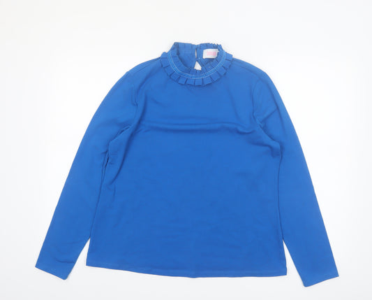 Savida Women Blue High Neck Long Sleeve Ruffle Blouse Size 14